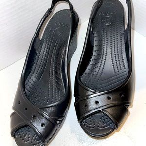 CROCS | Black Peep Toe Slingback Wedges